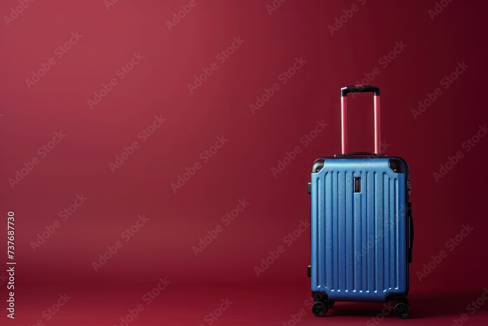 a blue suitcase is sitting on a red surface a blue suitcase is sitting on a red surface