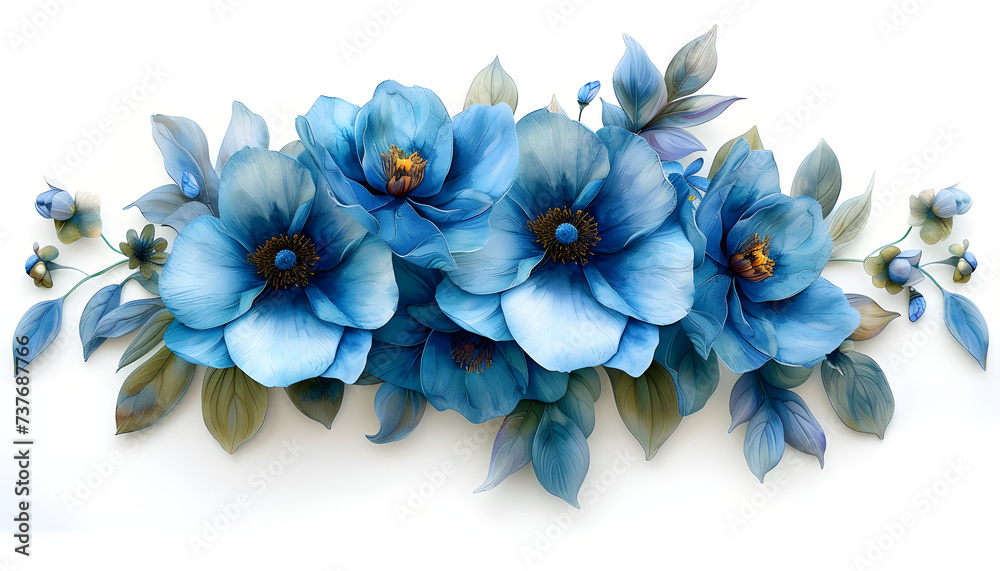 Raster illustration of beautiful blue flower arrangement with bracelet, leaves, and fragrant colors in sea tones. Suitable for botanical garden events and fine art decoration. - obrazy, fototapety, plakaty 