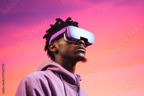 Young man using virtual reality headset. VR, future, gadgets, technology concept © candra