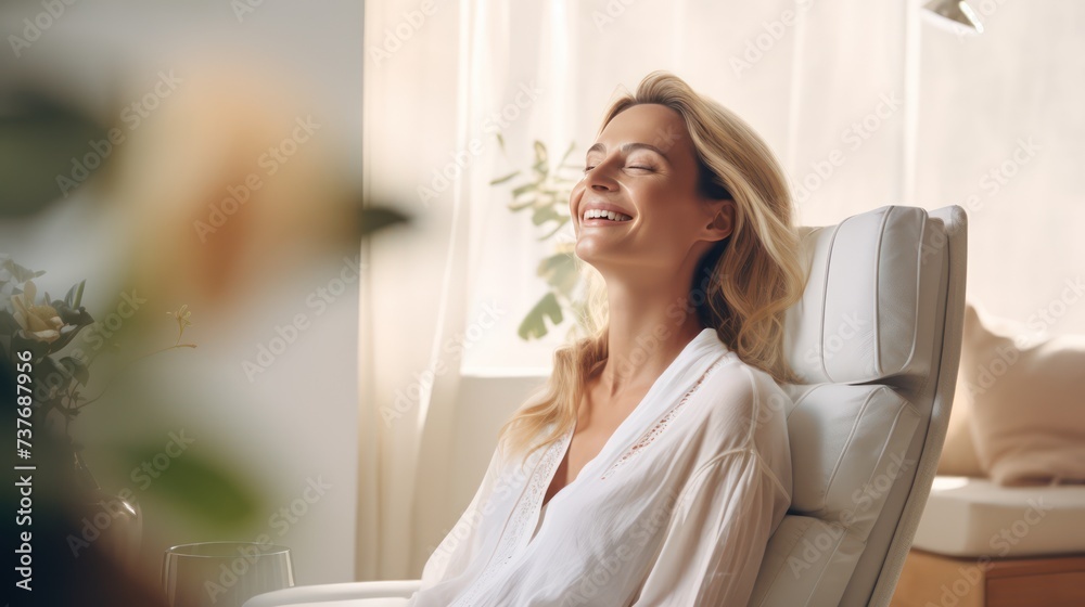 A Happy woman sitting in comfortable chair in home design, relaxing, breathing fresh air. A smiling young female tenant or a tenant relaxing in an armchair relieves negative emotions A Happy woman sitting in comfortable chair in home design, relaxing, breathing fresh air. A smiling young female tenant or a tenant relaxing in an armchair relieves negative emotions