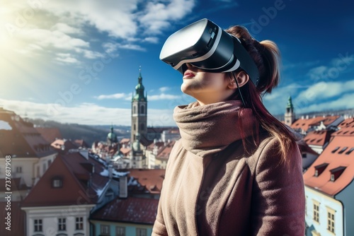 Young woman using virtual reality headset. VR, future, gadget, technology concept © candra