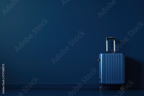 a blue suitcase is sitting in front of a blue wall