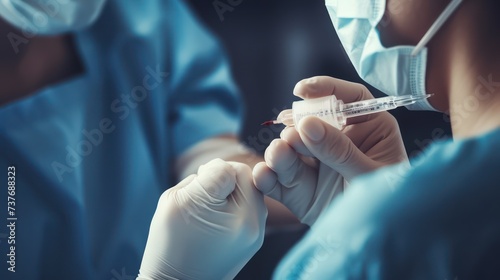 A Vaccination, closeup of a doctor's hand holding a syringe injecting a vaccine into a female patient's shoulder. Influenza vaccine clinical trial concept, side effects of virus treatment. photo