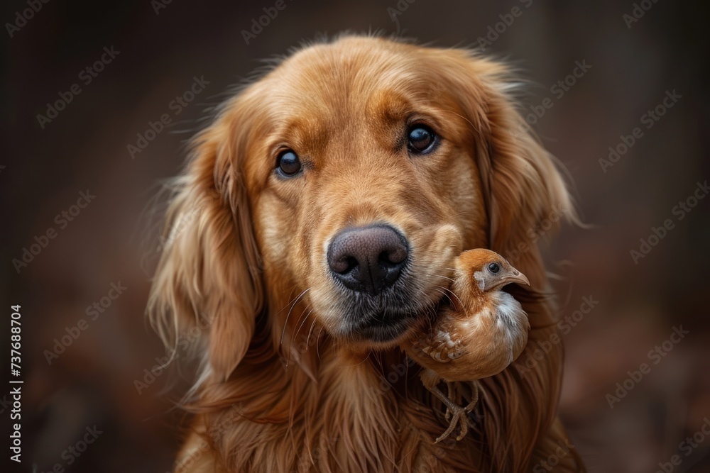 The golden retriever acted extremely shocked when his owner saw him. while he was holding a chick in his mouth