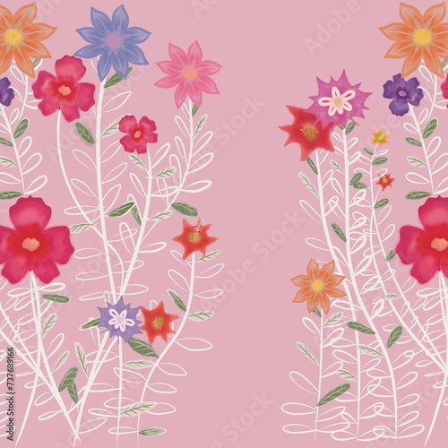 Fototapeta Naklejka Na Ścianę i Meble -  flower garden pattern seamless.Abstract floral variety kaleidoscope on pink background, concept for Modern wallpaper,ornament print,colorful flowers opening, botanical ornament.	
