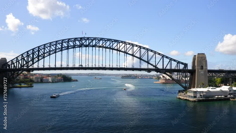 Aerial Panning Shot Of Sydney Harbor Bridge In City On Sunny Day Aerial Panning Shot Of Sydney Harbor Bridge In City On Sunny Day