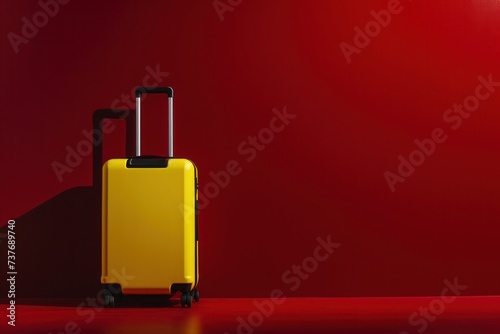 a yellow suitcase is sitting on a red table in front of a red wall