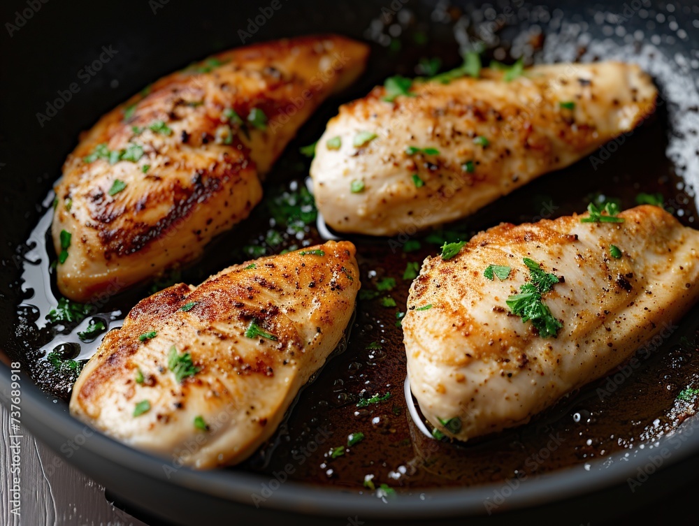 Grilled chicken fillet in a frying pan, closeup