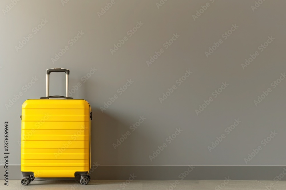 a yellow suitcase is leaning against a gray wall a yellow suitcase is leaning against a gray wall