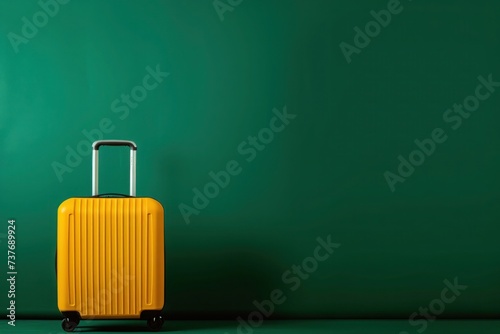 a yellow suitcase is sitting in front of a green wall