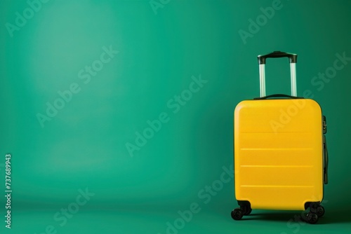 a yellow suitcase is sitting on a green background