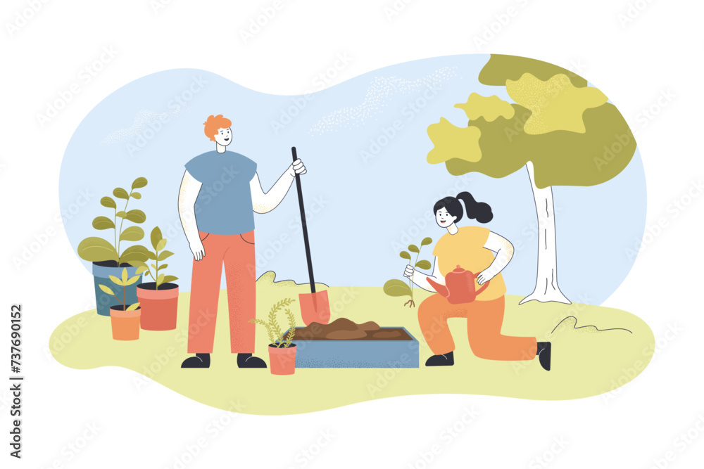Young couple planting vegetables and herbs in garden. Flat vector illustration. Man with shovel, woman with seedlings in garden. Gardening, agriculture, hobby concept