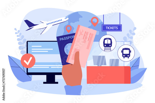 Hand with passport and ticket vector illustration. Computer with check mark, airplane, metro train, bus and globe with destination points. Online buying tickets, traveling concept