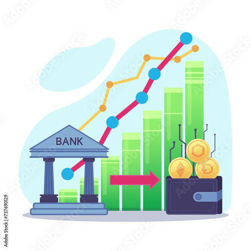 Money transfer from bank to wallet with cryptocurrency vector illustration. Exchange-traded fund approving  cryptomoney. Influx of money into cryptocurrency concept
