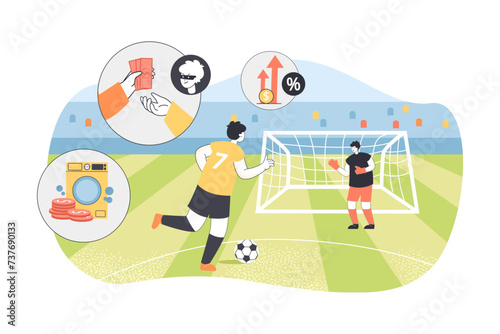 Money laundering through sport events concept. Sportsmen playing football, criminal money cleaning in washing machine, football club manager taking bribe, increasing arrows showing unreasonably