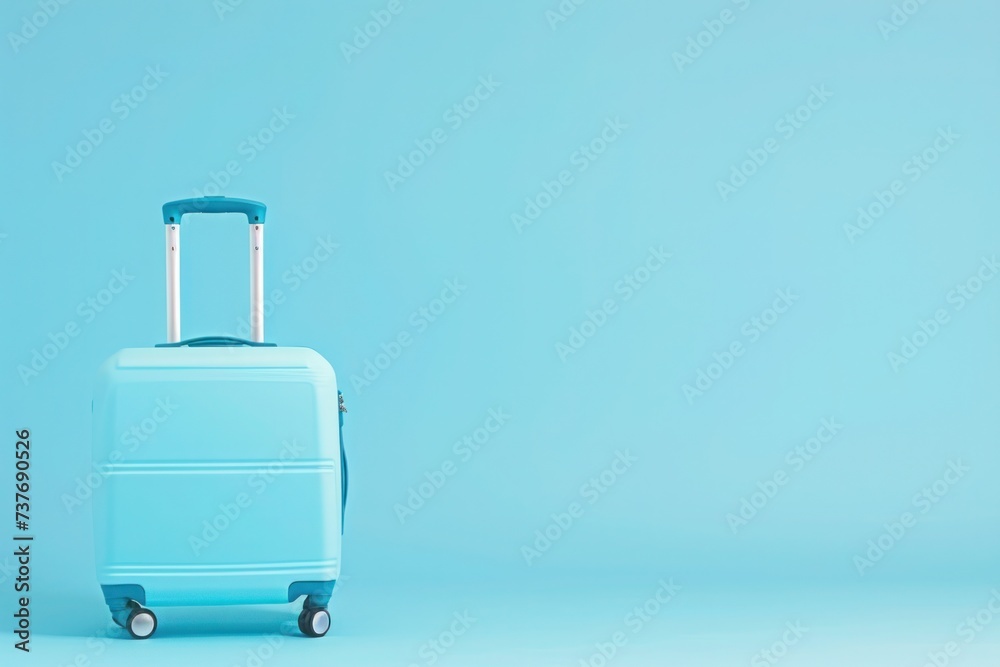 a blue suitcase is sitting on a blue background a blue suitcase is sitting on a blue background