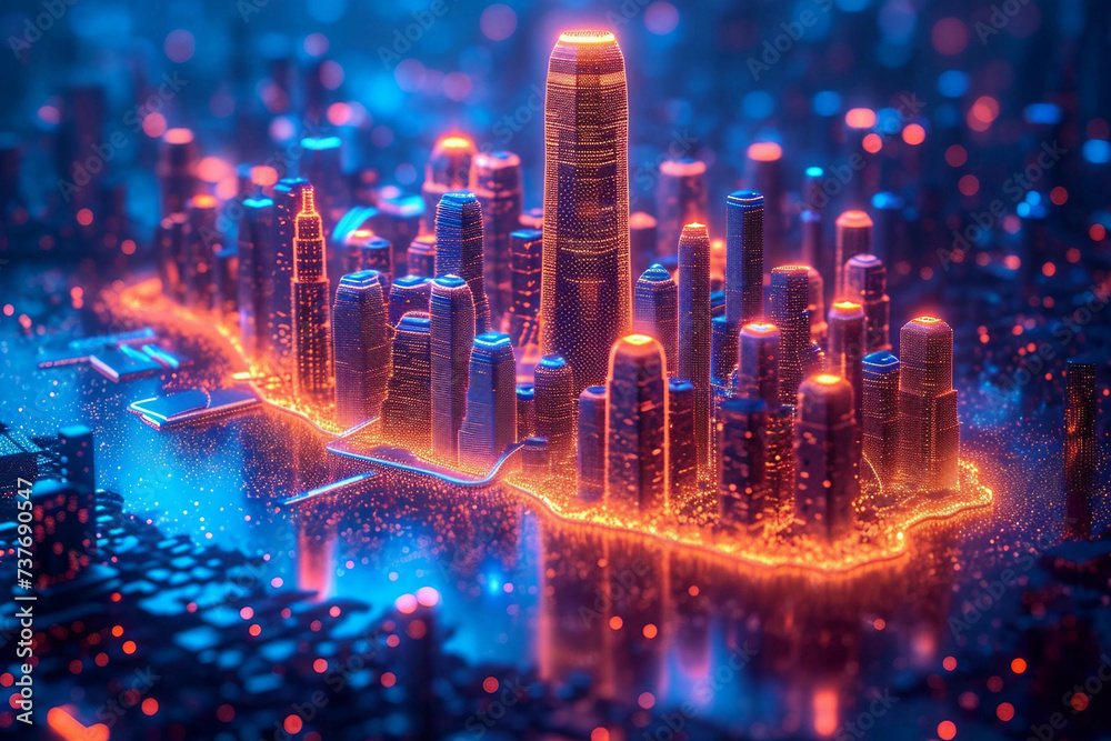 Fototapeta premium Glowing Miniature Digital City at Night Banner