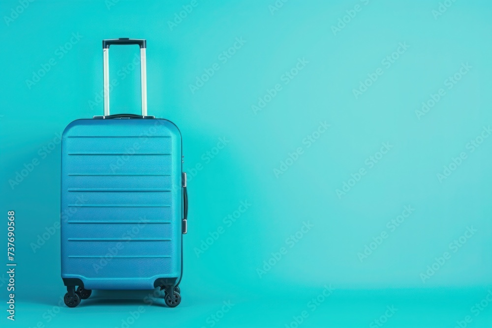 a blue suitcase is sitting on a blue background a blue suitcase is sitting on a blue background