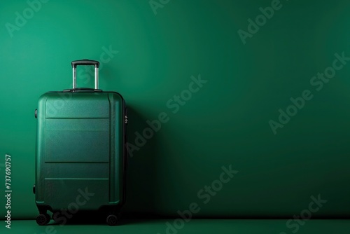 a green suitcase is sitting in front of a green wall
