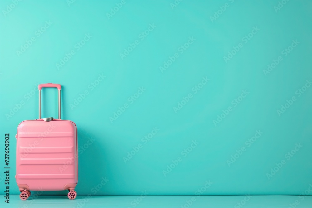 a pink suitcase is sitting in front of a blue wall a pink suitcase is sitting in front of a blue wall