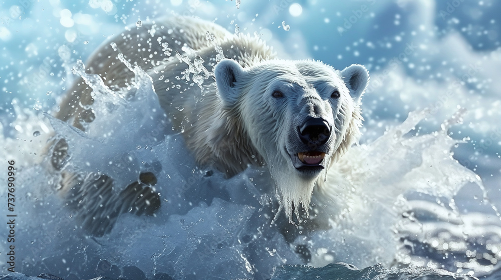 Polar bear splashing in Arctic water, vibrant wildlife scene, nature conservation image, perfect for environmental blogs and wildlife posters. - obrazy, fototapety, plakaty 