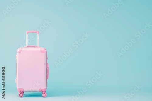 a pink suitcase is sitting on a blue surface