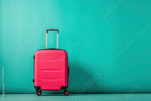a pink suitcase is sitting in front of a blue wall