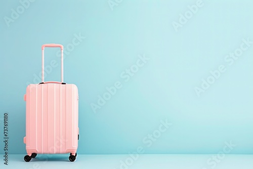 a pink suitcase is sitting in front of a blue wall