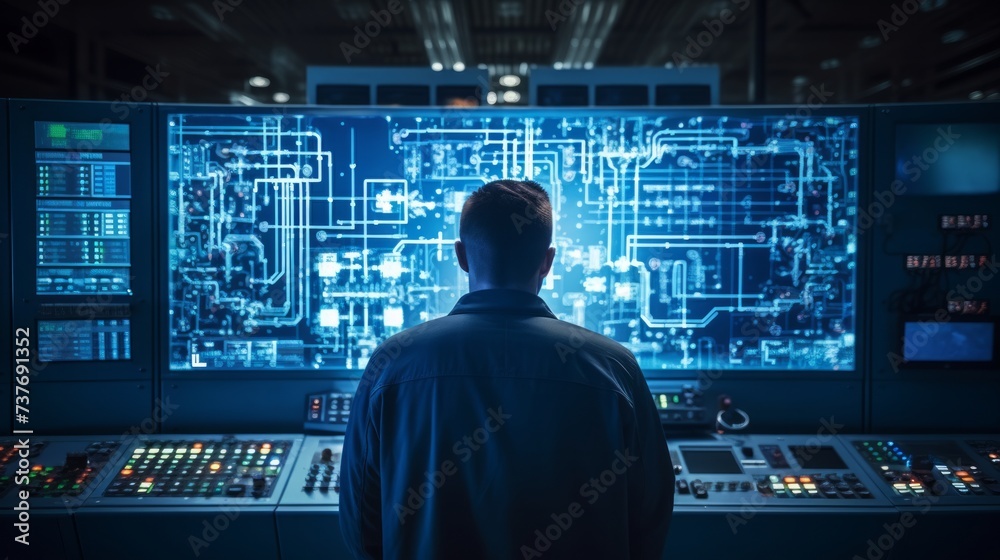 Engineer looking to work in the electrical control room. Neural network AI generated art Engineer looking to work in the electrical control room. Neural network AI generated art
