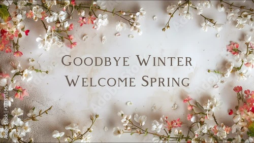White spring background with cherry blossom framing. Goodbye Winter, Welcome Spring