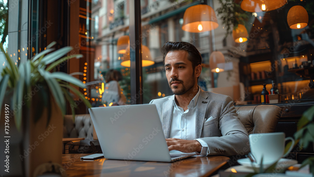 A businessman sitting and using a laptop in a coffee shop A businessman sitting and using a laptop in a coffee shop