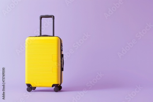 a yellow suitcase is sitting on a purple surface