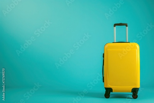 A plastic yellow suitcase rests on a solid electric blue surface