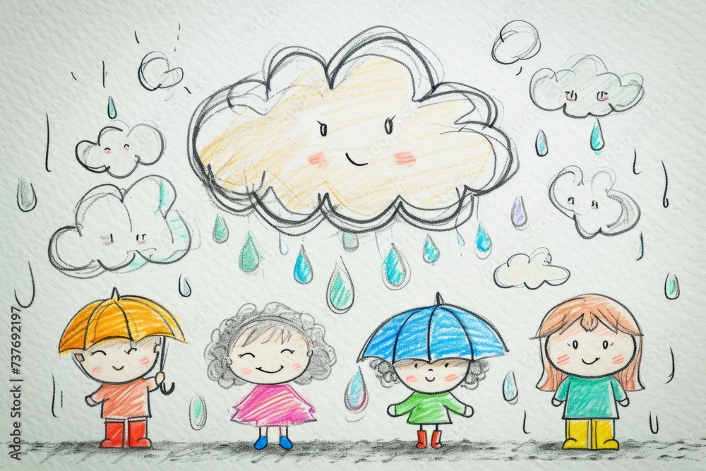 Cartoon cute doodles of a playful raincloud, showering droplets on characters below, equipped with umbrellas and rain boots, Generative AI Cartoon cute doodles of a playful raincloud, showering droplets on characters below, equipped with umbrellas and rain boots, Generative AI