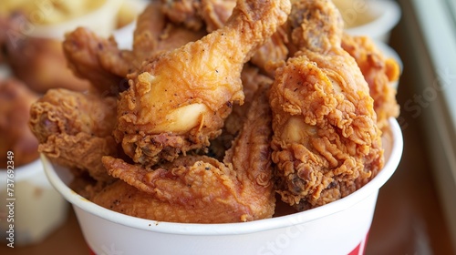 Fried chicken in a white bucket on the table. Close up