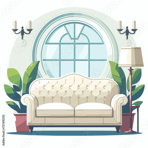 Illustration of flat design luxury sofa chair with decorative plant and antique lamp. Design for furniture, decoration, interior, home decoration