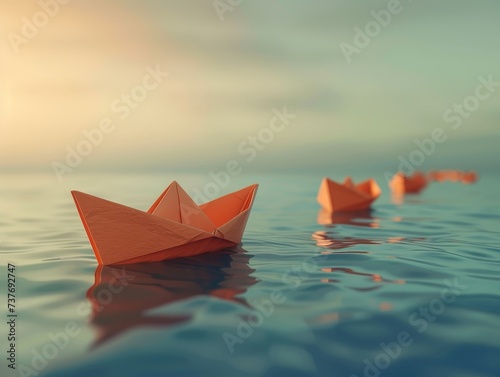 Conceptual image of a single origami boat leading a fleet in calm waters leadership theme soft light