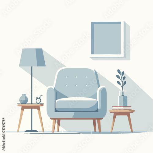 flat design illustration of loveseat with plant decoration, lamp, and photo frame on the wall. Design for furniture, interior, home decor