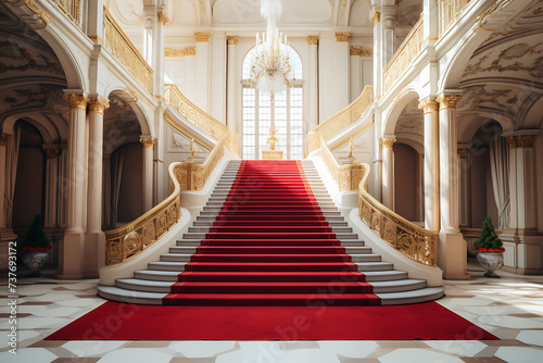 Luxury royal palace interior with red carpet on the stairs.