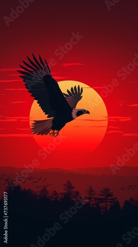 Origami eagle soaring high representing strategic leadership High-contrast vector silhouette against sunset © chayantorn