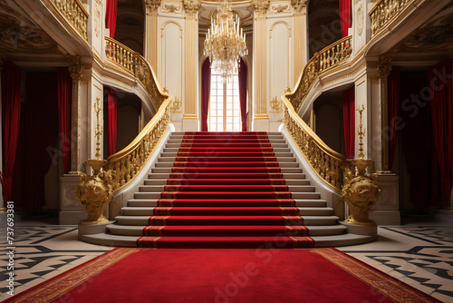 Luxury royal palace interior with red carpet on the stairs.