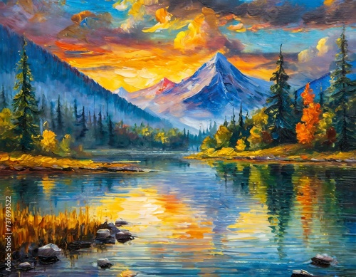 autumn in the mountains,A lake nestled in the mountains offers a breathtaking sight, with pristine waters reflecting the surrounding peaks and creating a serene and picturesque landscape.