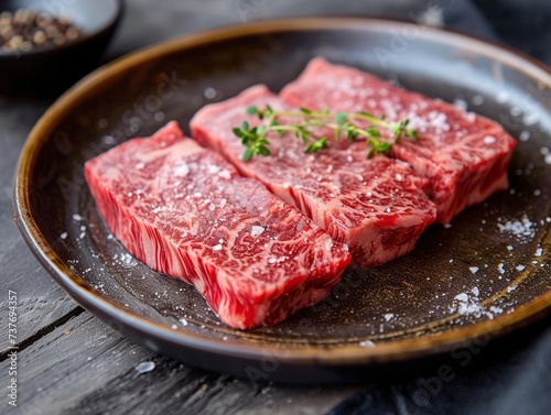 Raw fresh marbled beef steak with herbs on a black plate.