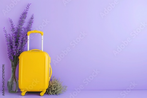 a yellow suitcase is sitting next to a vase of lavender flowers on a purple background
