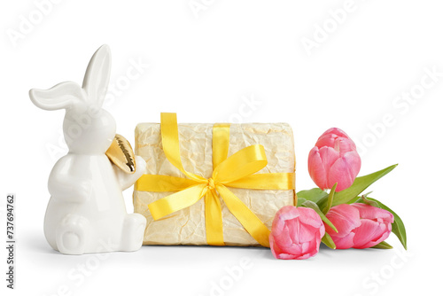 Easter bunny, tulips and gift on white background