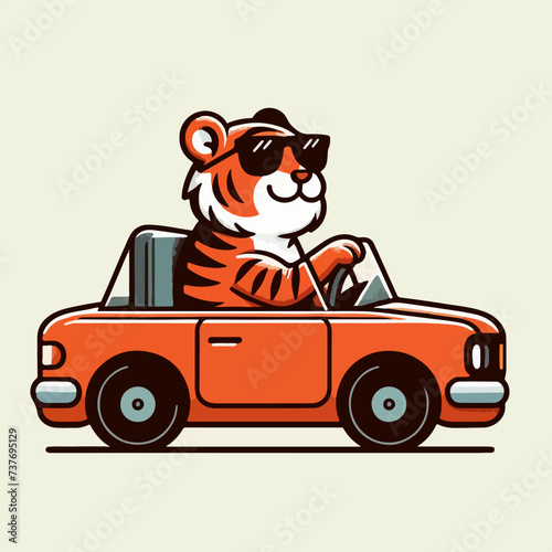Cool tiger driving a car wearing sunglasses. Cartoon character mascot for children book, sticker, doodle. Tiger driving mascot template