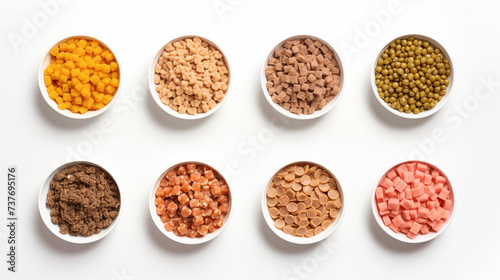 Pellets of dry food for dog and cat in the bowl, white background