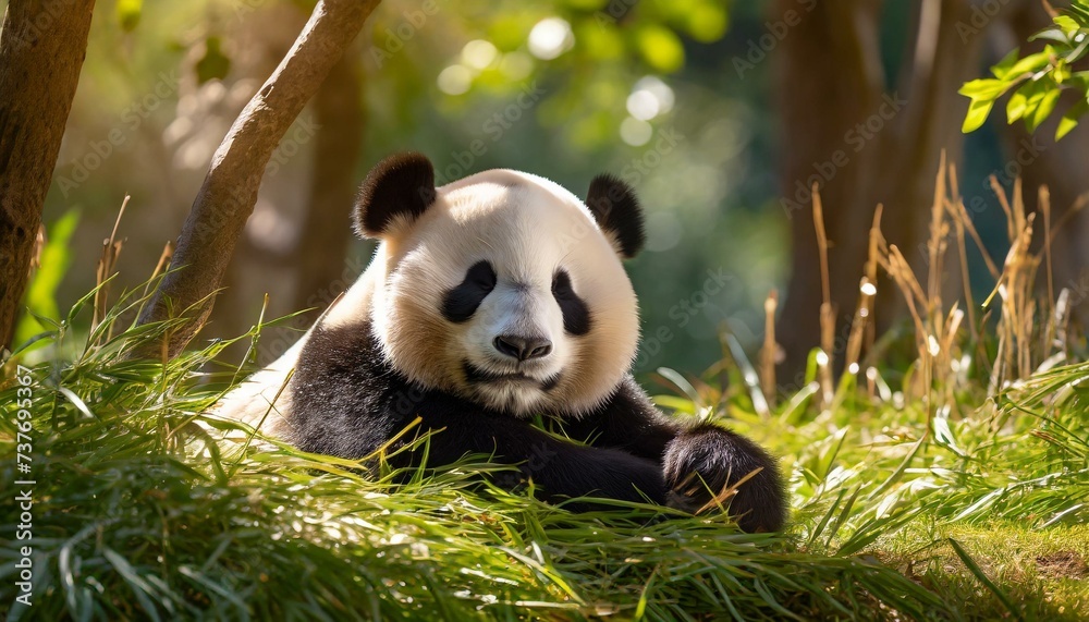 Fototapeta premium Panda peacefully napping in a sun-dappled clearing, with soft grass beneath its paws and a gentle breeze rustling through the trees