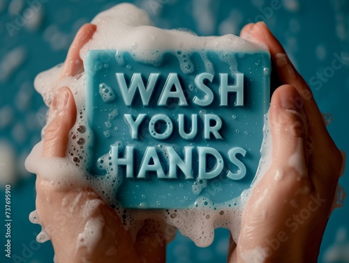 Photo of a cyan soap bar, with the text 