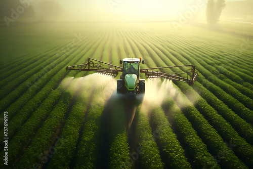 Tractor spraying pesticides on large field with young green lettuce at sunset